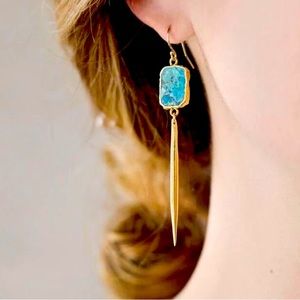Raw Turquoise Stone + Gold Bar Earrings